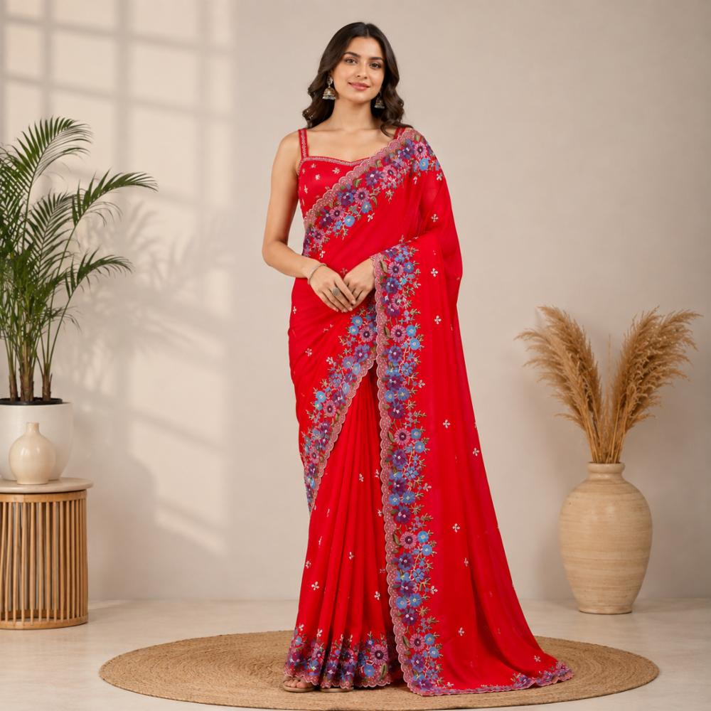 Soft Crush Silk Saree with Multicolor Embroidery and Embroidered Blouse