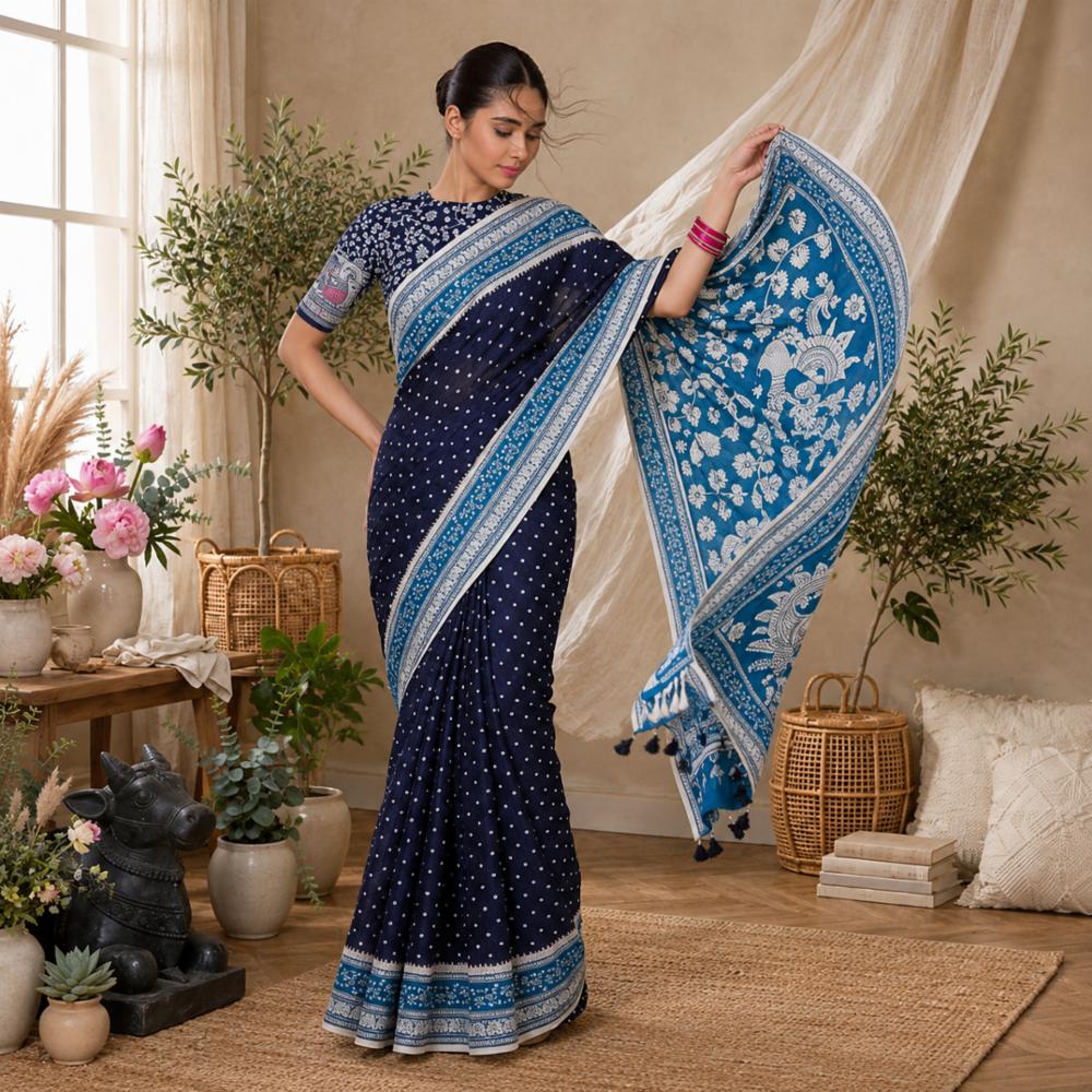 Soft Cotton Linen Floral Digital Print Saree with Printed Blouse