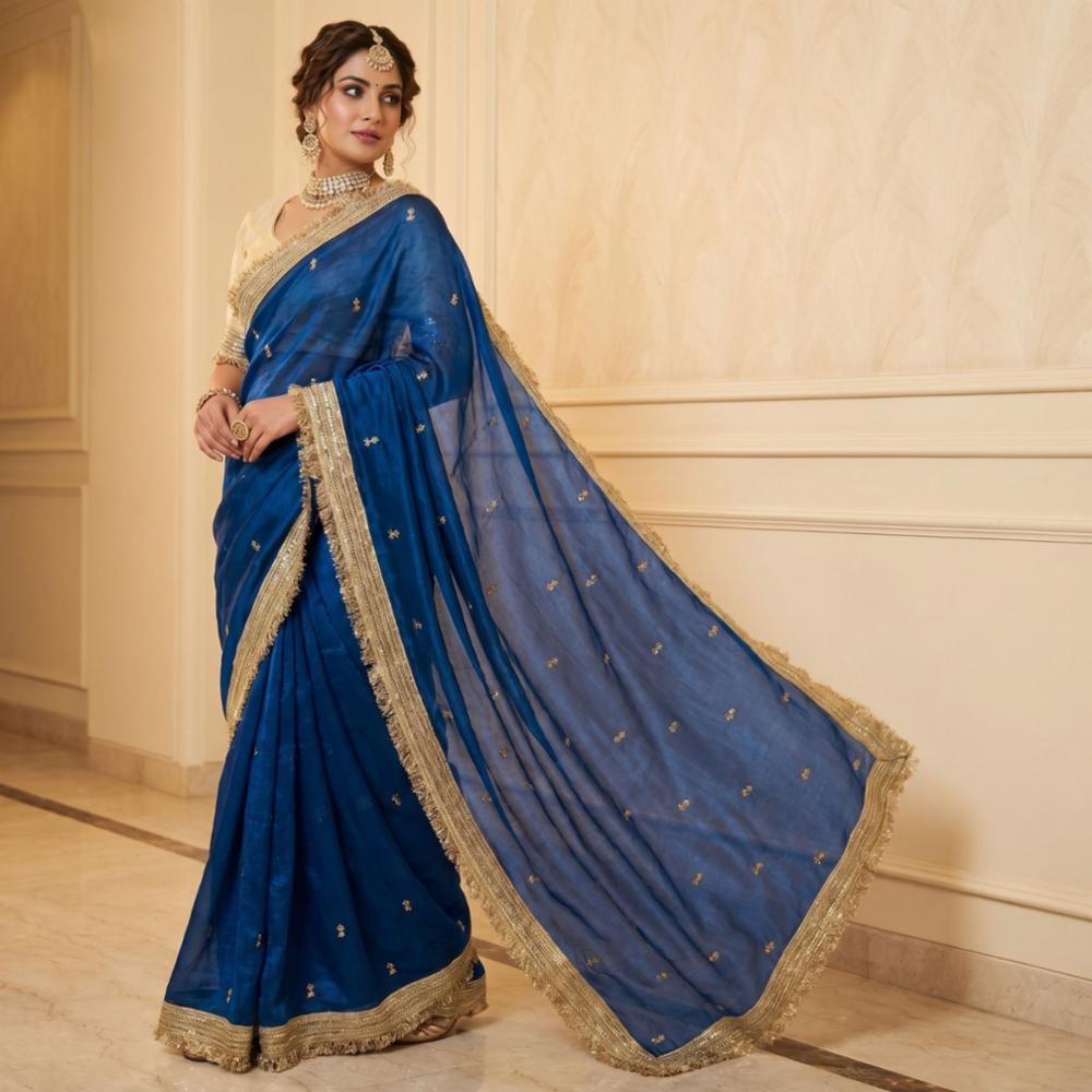 Fandy Sattin Sequence Butti Saree with Lace Border and Blouse