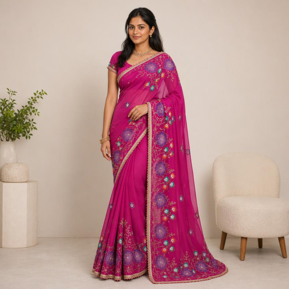 Designer Magenta Floral Embroidered Saree