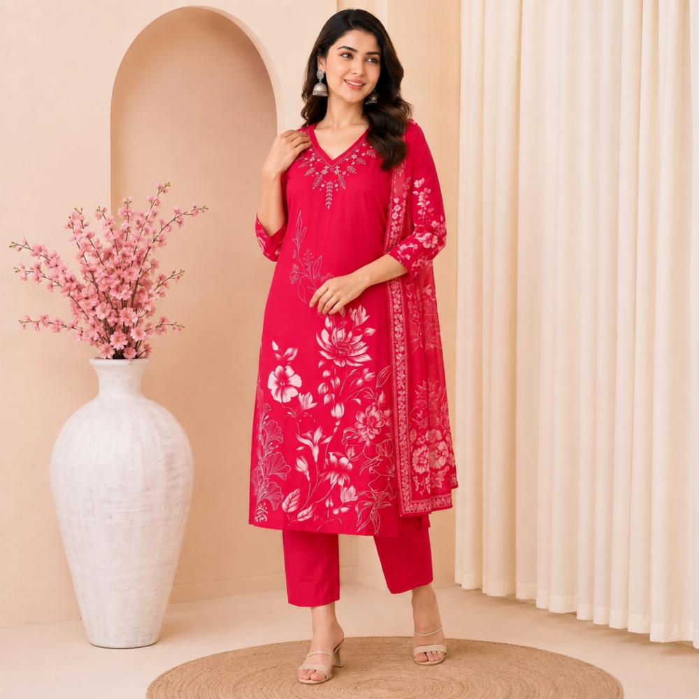 Women Cotton Handwork Kurta with Pant and Dupatta, Digital Floral Print