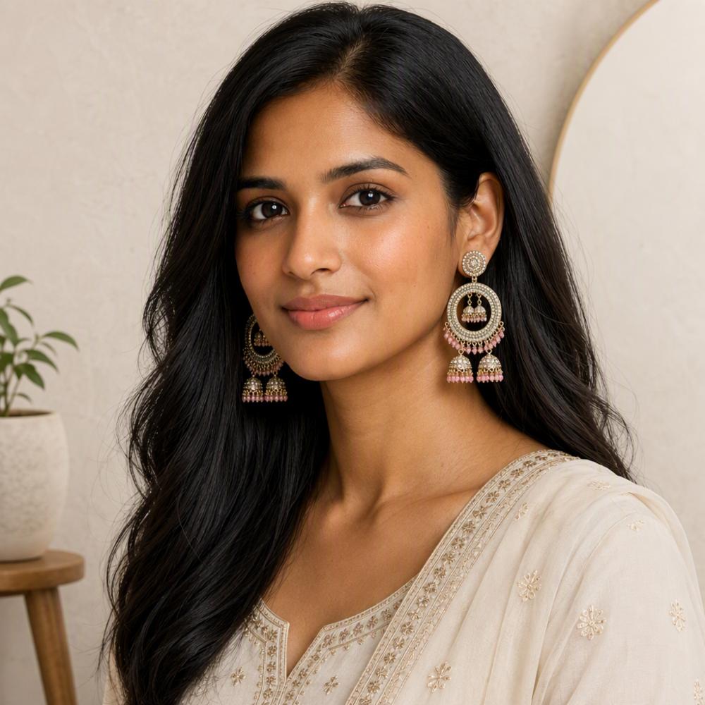 Silver Toned Chandbali Jhumka Earrings with Pink Beads