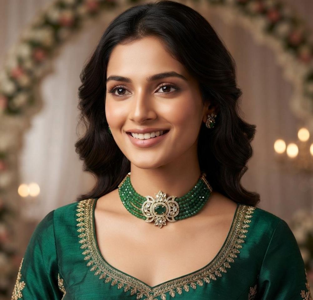 Emerald Green Kundan Choker Necklace Set with Earrings for Women