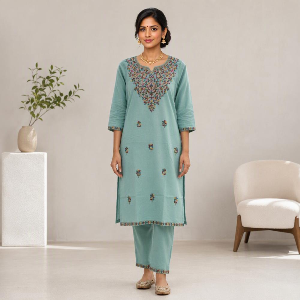 Cotton Kashmiri Aari Embroidered Kurta Pant Cord Set