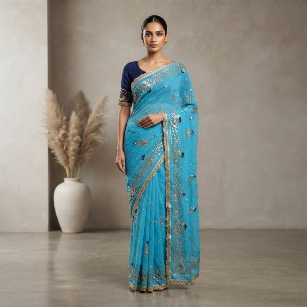 Georgette Saree with Embroidered and Sequinned Pattern