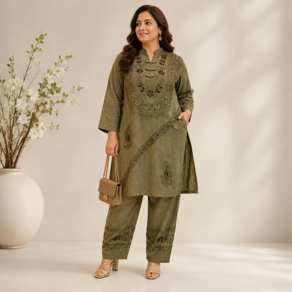 Rayon Long Embroidery Cordset with Embroidered Top and Bottom Pockets