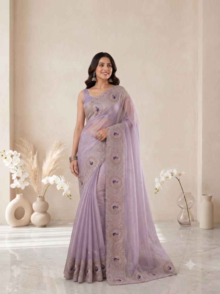 Space Satin Saree With All-over Thread & Sequins Work
