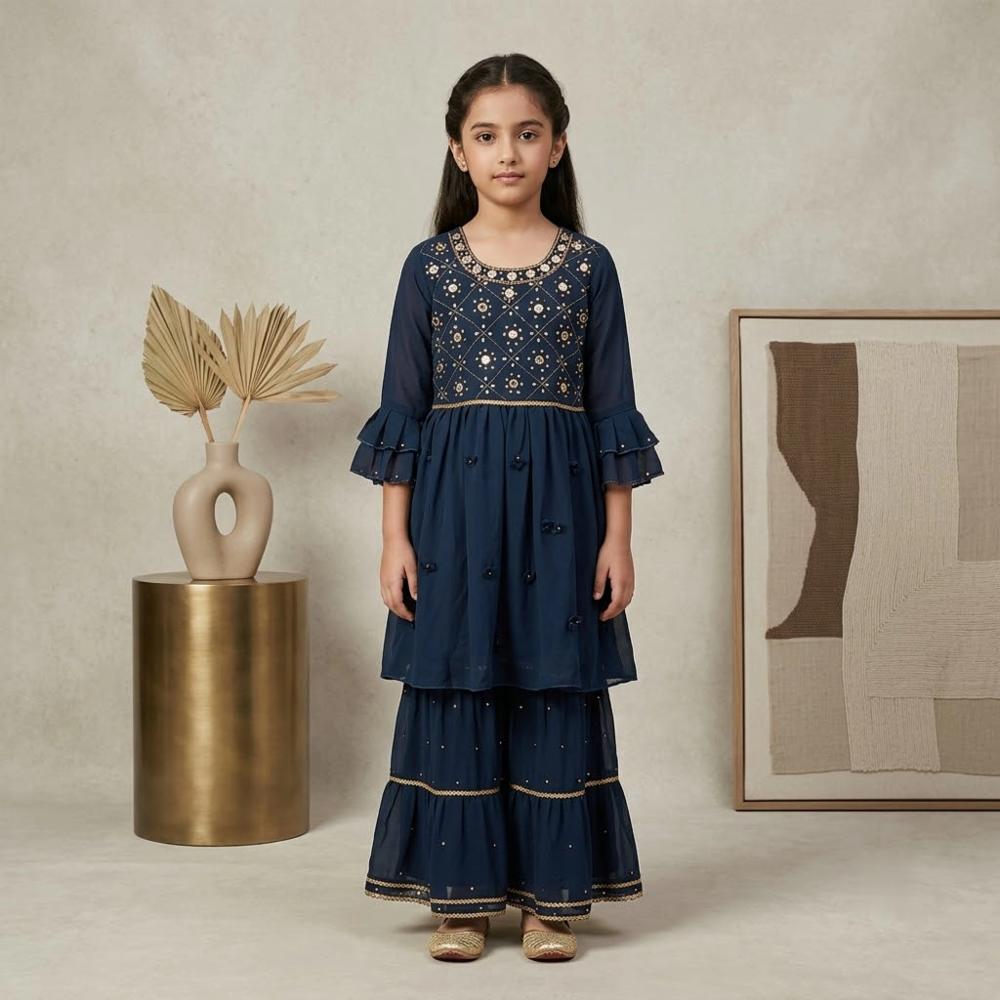 Girls Semi Georgette Kurta With Sharara, Mirror And Stone Work (8 To 10 Year)