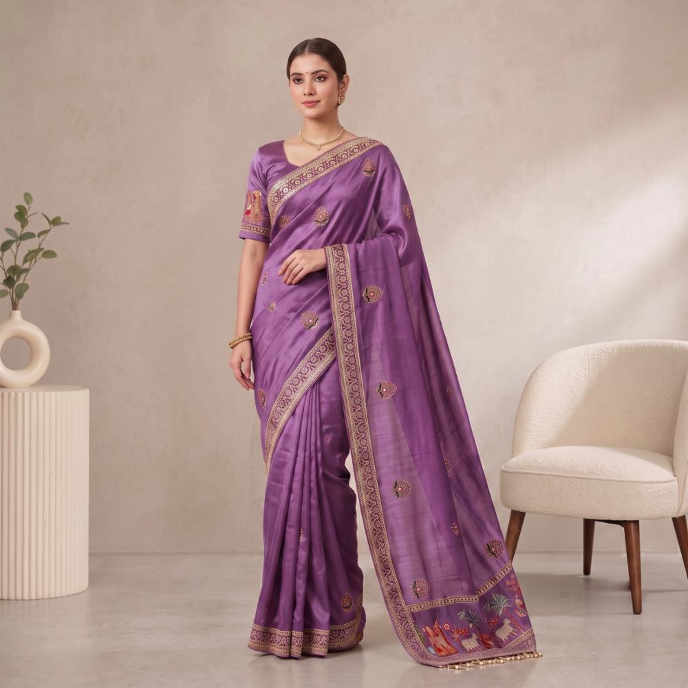Party Wear Vichitra Silk Saree with Moti Handwork Border