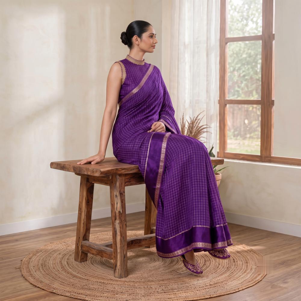 Viscose Satin Saree with Checkered Pattern and Golden Zari Border