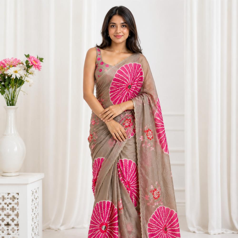Soft Tabi Digital Print Saree with Mirror Handwork & Silk Blouse