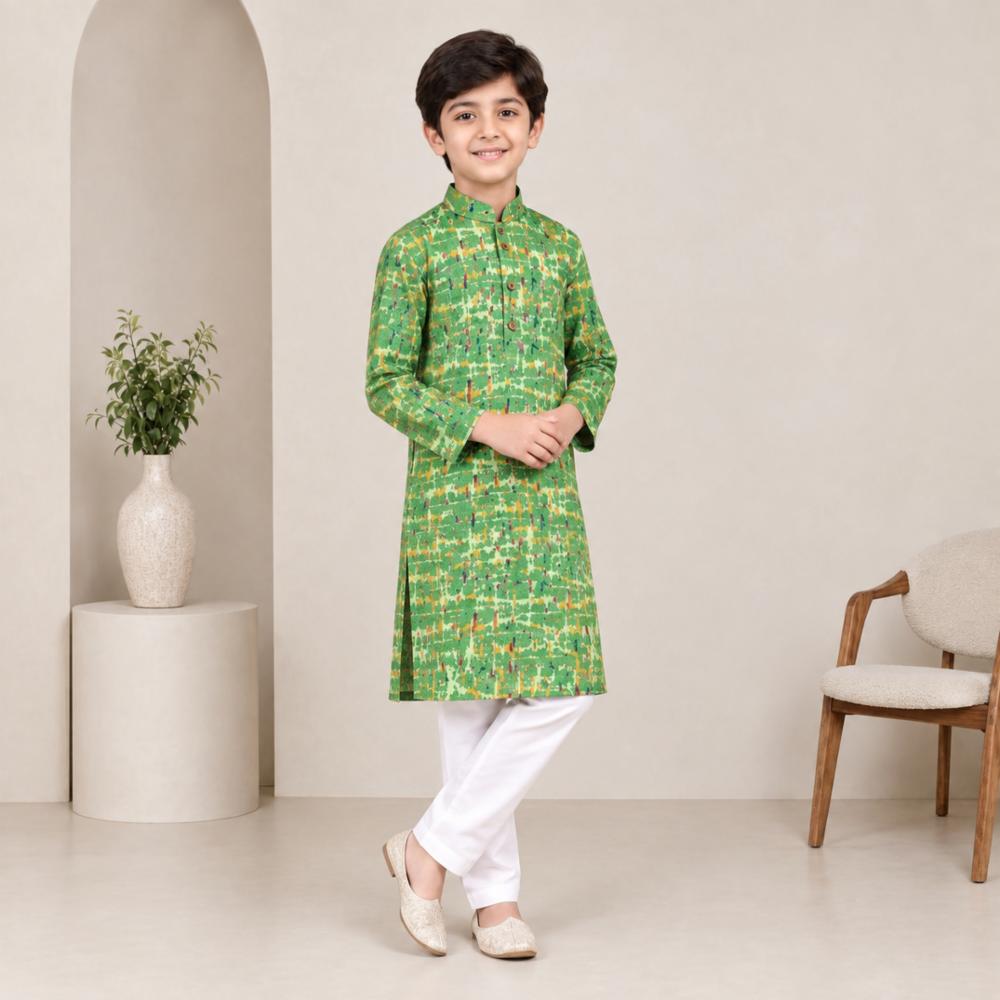 Boys Printed Rayon Cotton Blend Kurta Pajama Set
