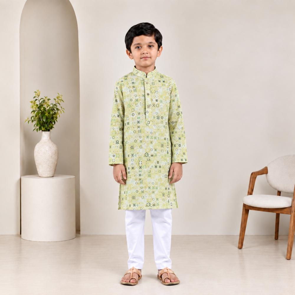 Boys Cotton Rayon Blend Printed Kurta Pajama Set