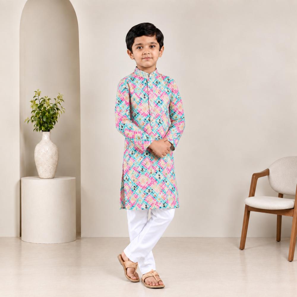Boys Cotton Rayon Blend Kurta Pajama Set, Printed, Full Sleeves