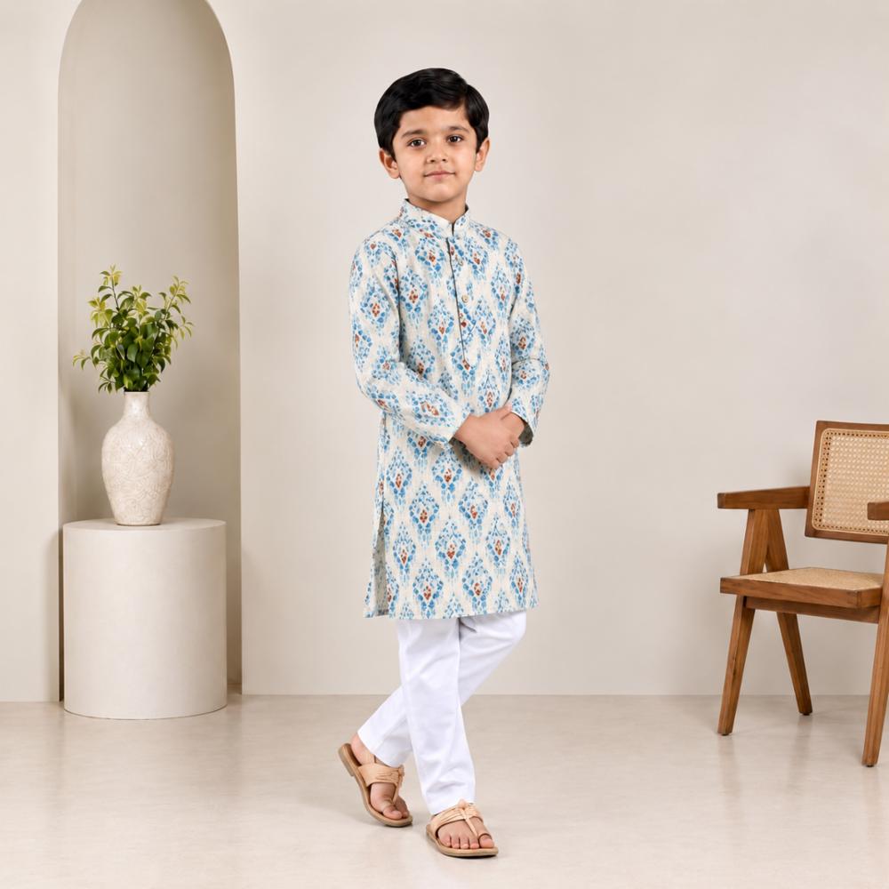 Boys Rayon & Cotton Blend Kurta Pajama Set Printed Full Sleeves