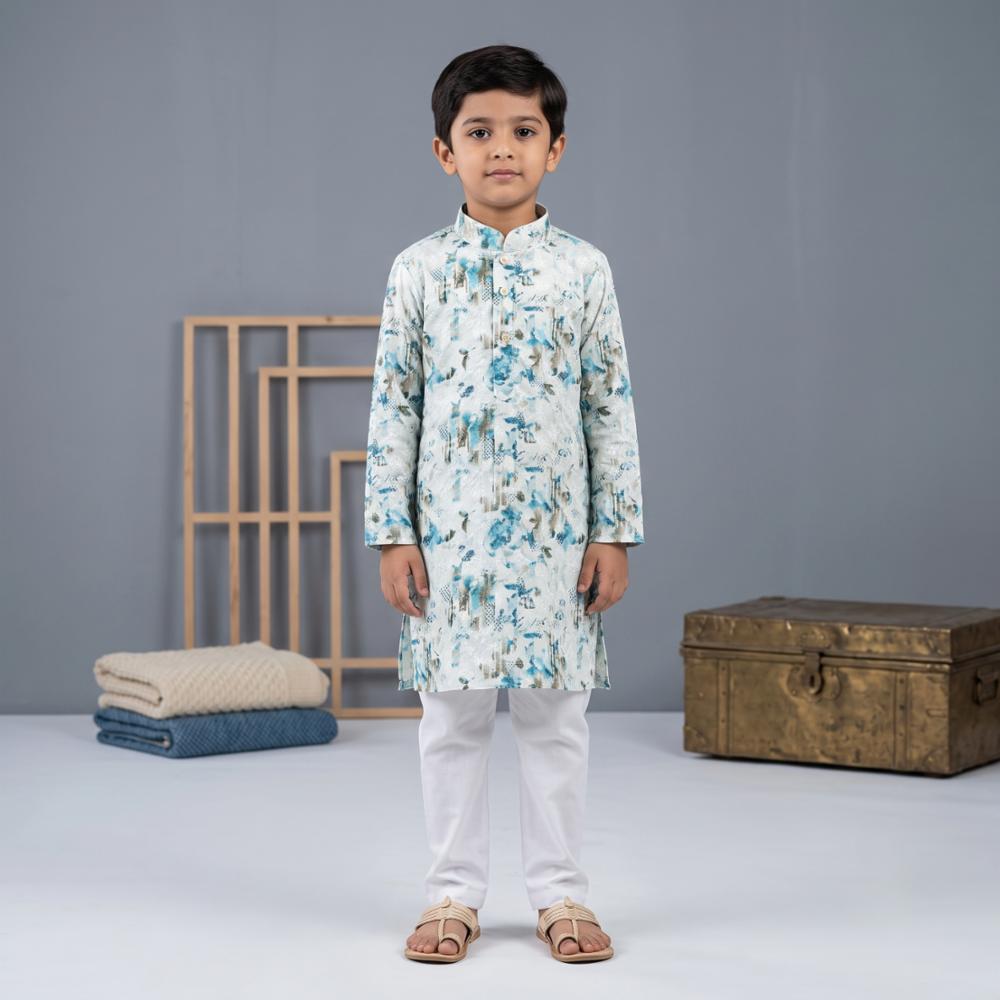 Boys Cotton Rayon Blend Printed Kurta Pajama Set
