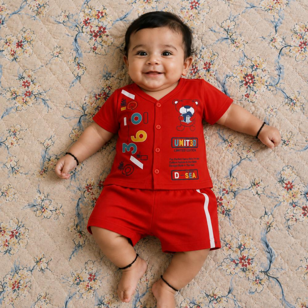 Pure Cotton Red Printed T-Shirt and Shorts Set for Baby Boys