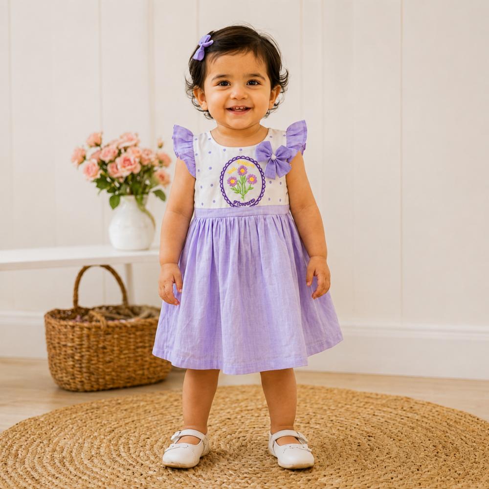 Girls' Lavender & White Floral Cotton Party Dress