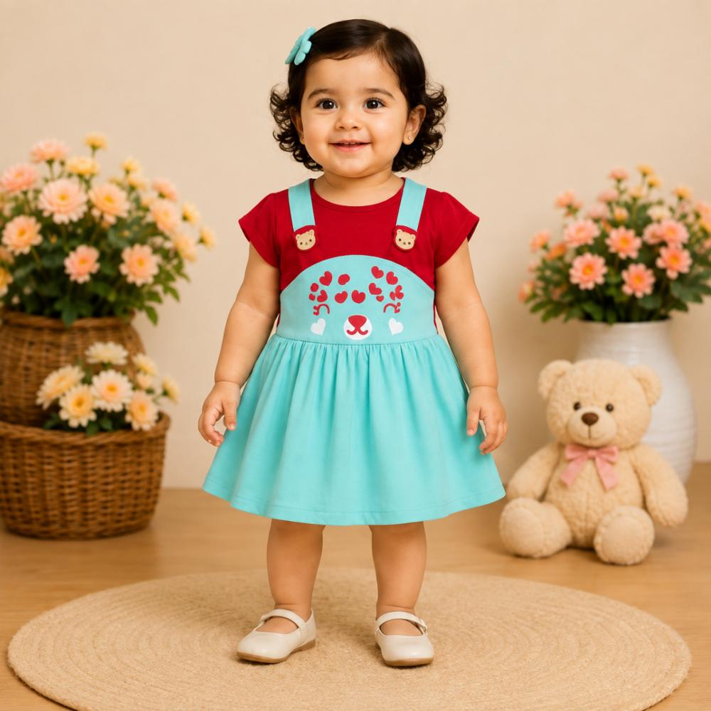 Girls' Red & Aqua Cotton Flared Dress with Heart Print