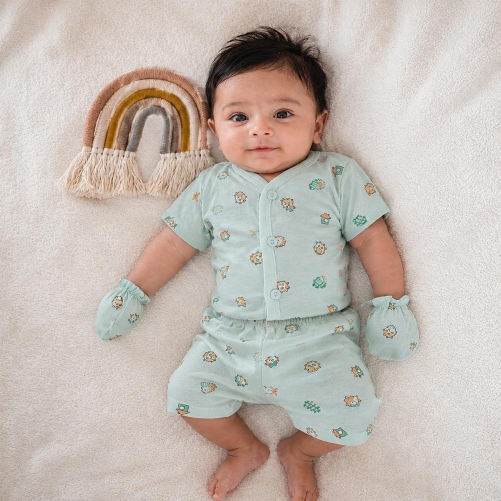 Unisex Newborn Cotton Combo Set Light Green Farm Print