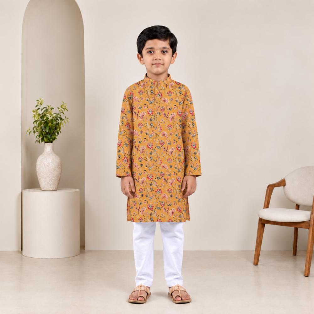 Boys Cotton Rayon Blend Printed Kurta Pajama Set