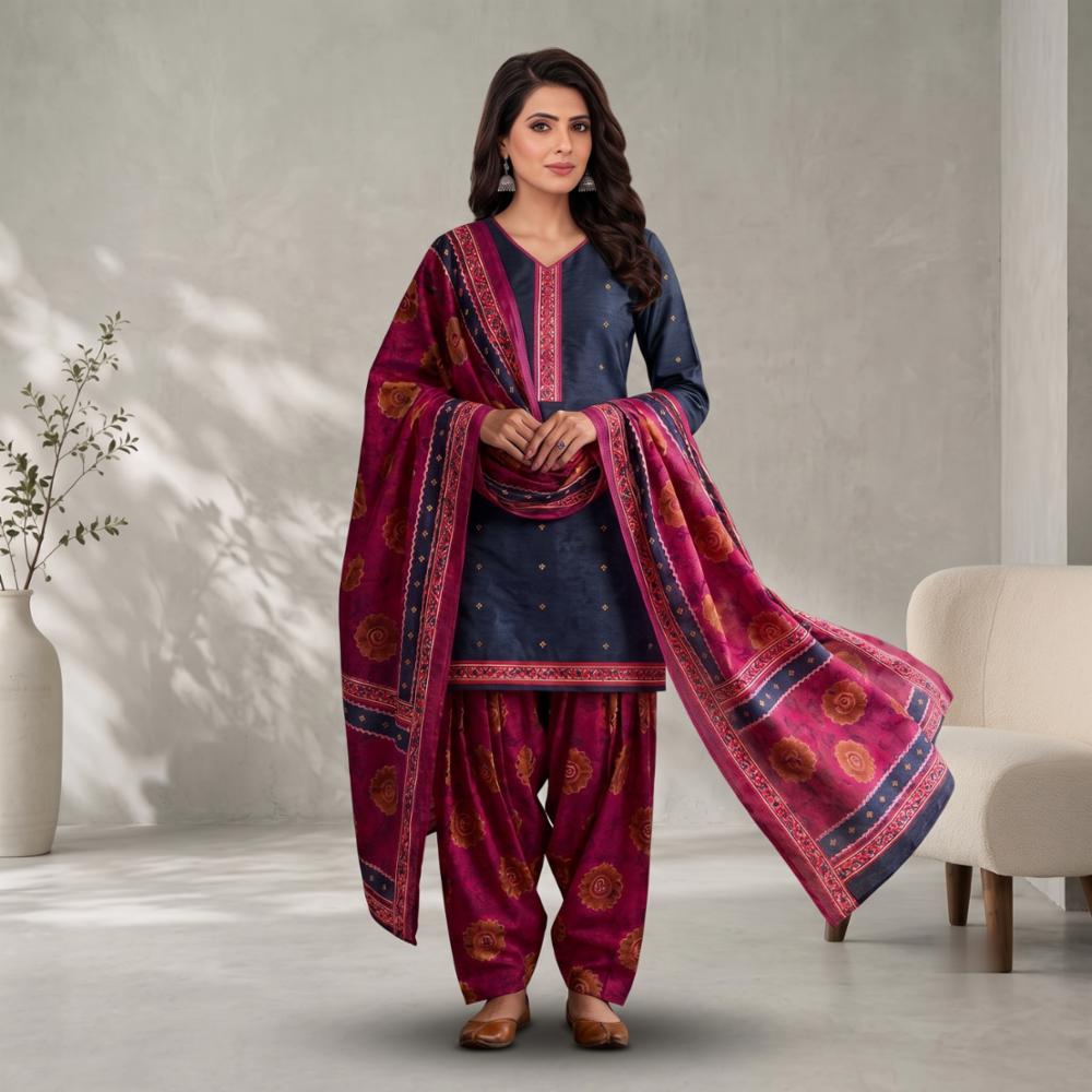 Womenâs Cotton 60X60 Navy Blue & Magenta Patiala Suit Set with Printed Kurta, Patiala Pant, and Dupatta