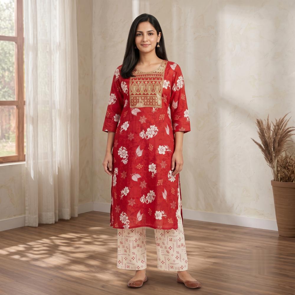 Red Floral Printed Kurti Palazzo Set