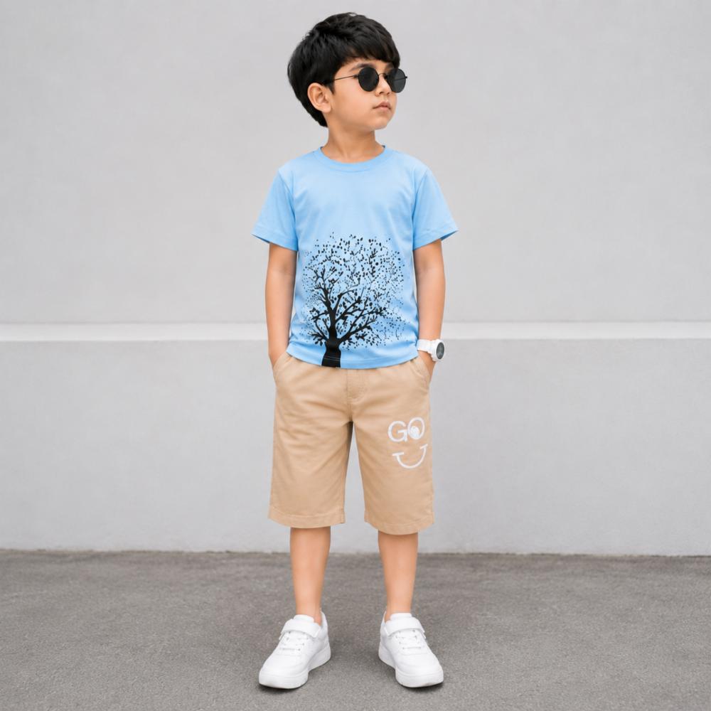 Boys Light Blue T-Shirt with Beige 1/3 Length Shorts Co-Ord Set