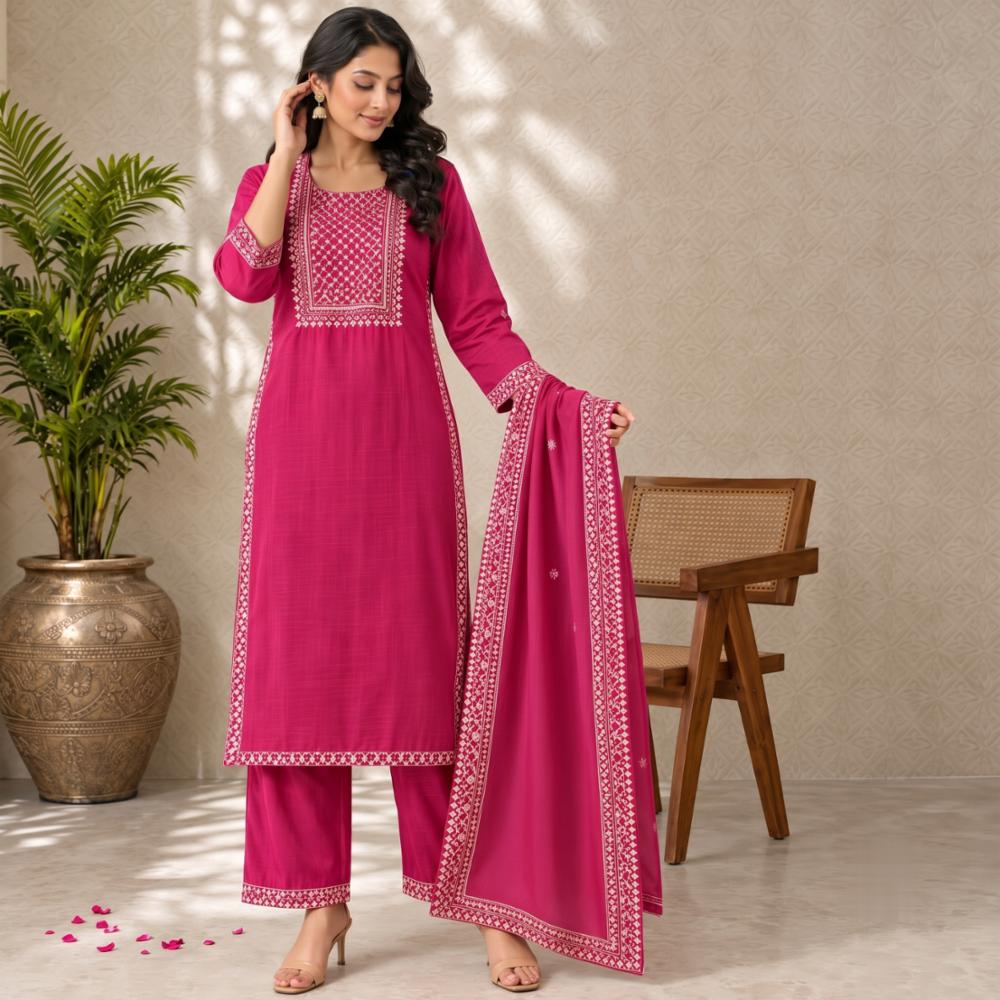 Women Rayon Handwork Kurta Set with Pant and Dupatta