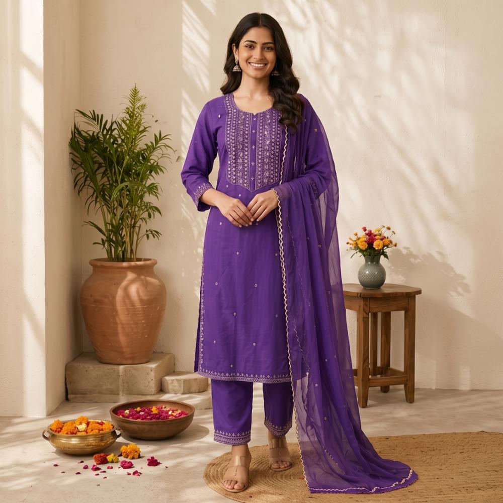 Women Cotton Silk Embroidery Straight Kurta Set!