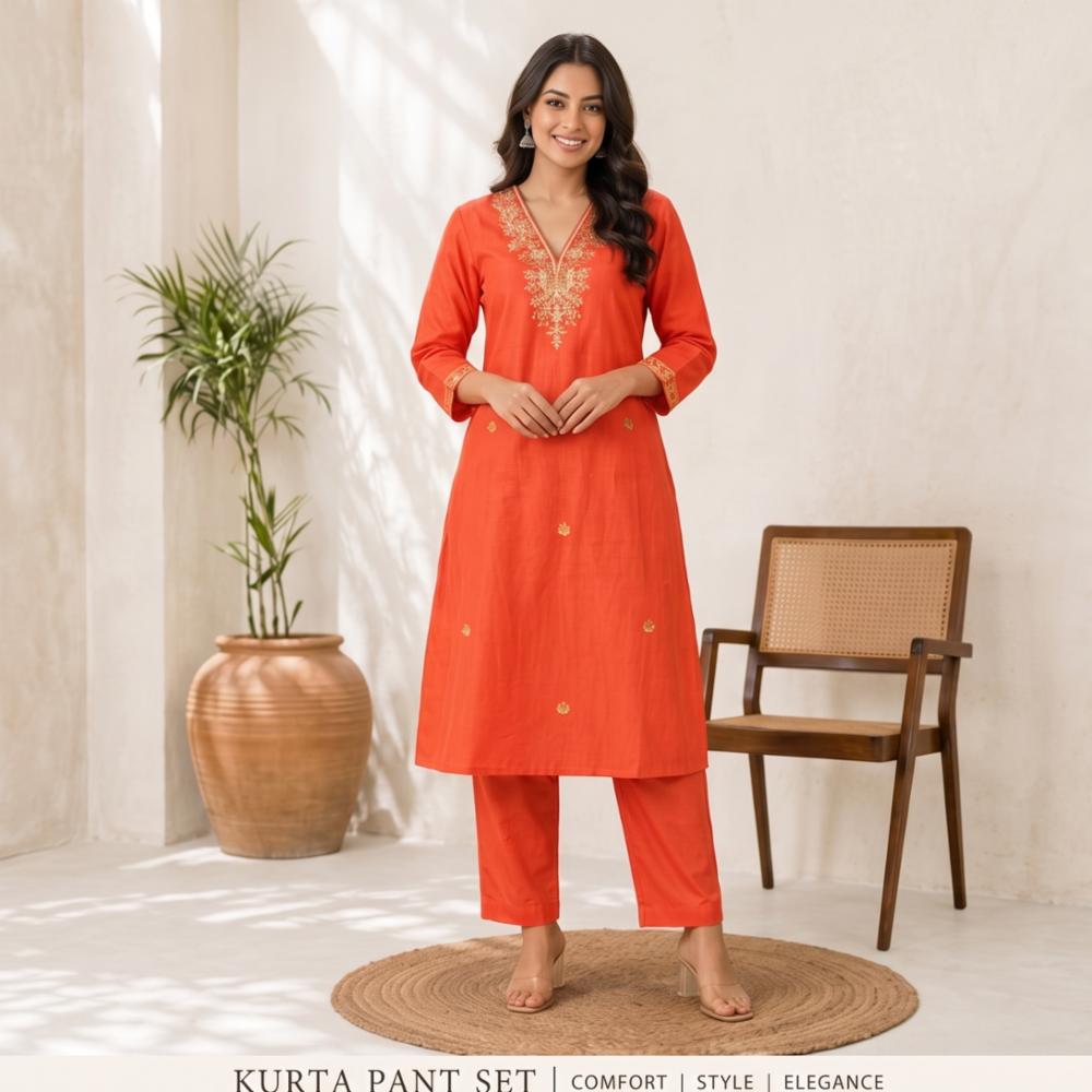 Women Cotton Silk Embroidery Kurta with Pant!