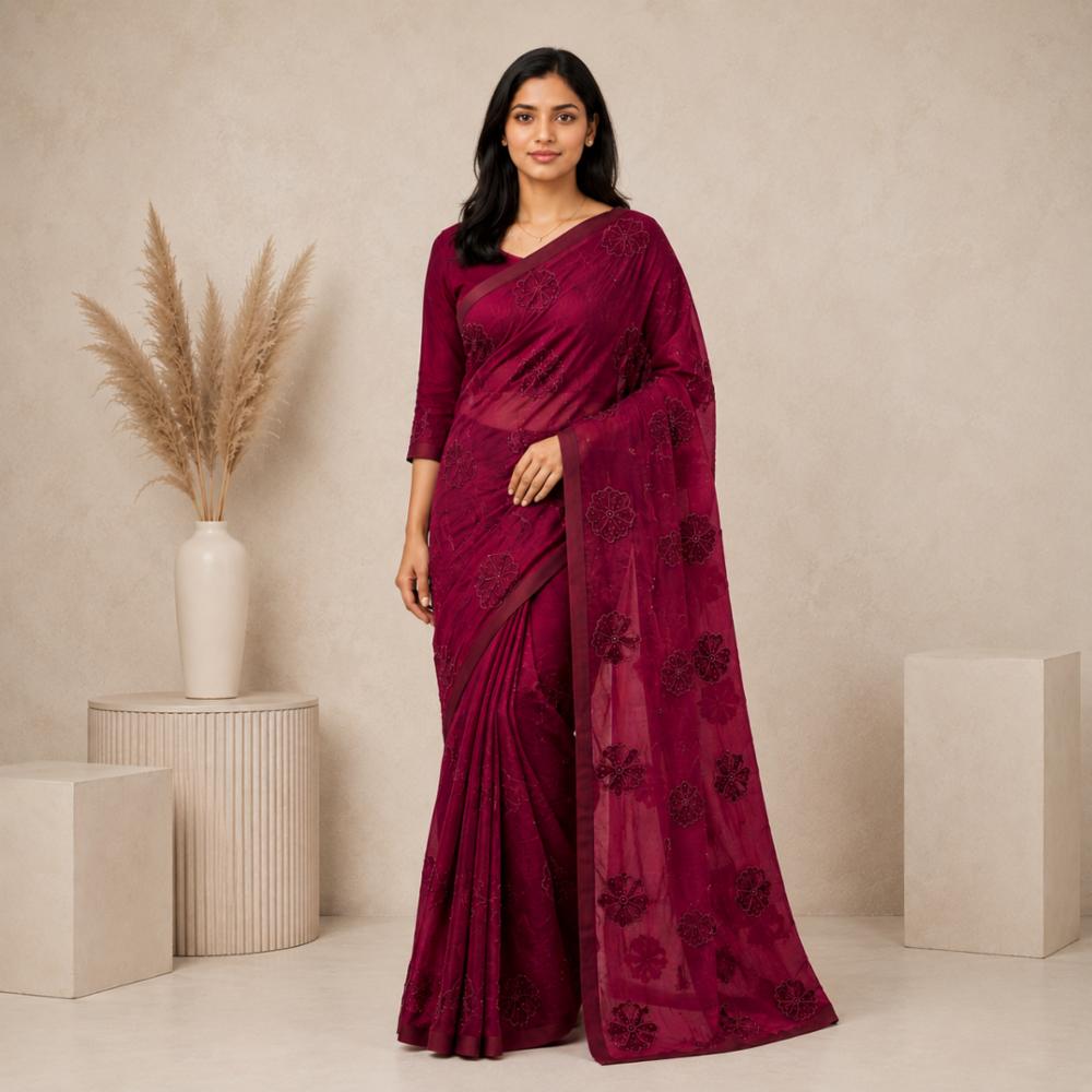 Falguniya Premium Space Silk Saree with Embroidery and Beads Work, Running Blouse