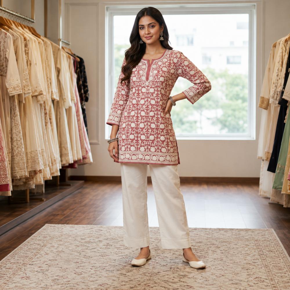 Georgette Kashmiri Aari Work Short Kurti Pink Mustard Embroidery