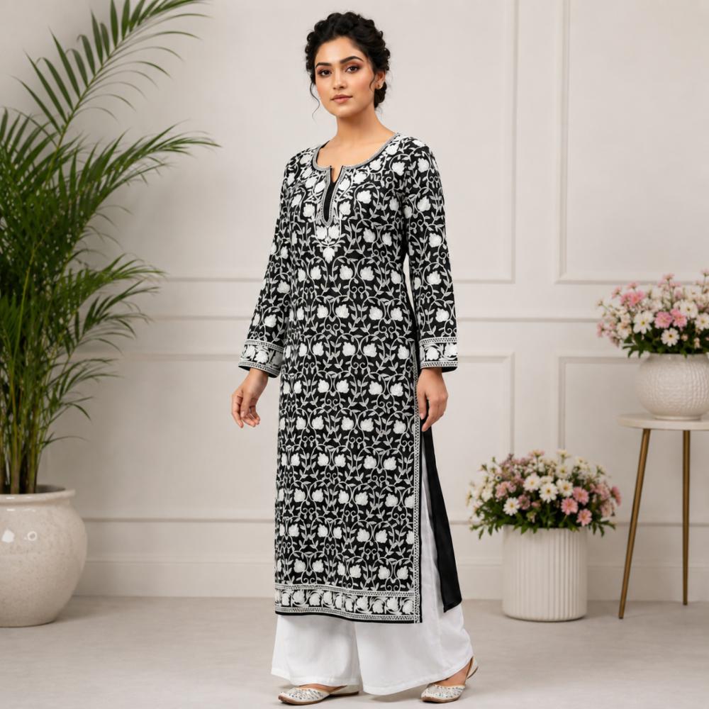 Kashmiri Aari Work Long Kurti Georgette Calf Length Embroidery Blue Beige