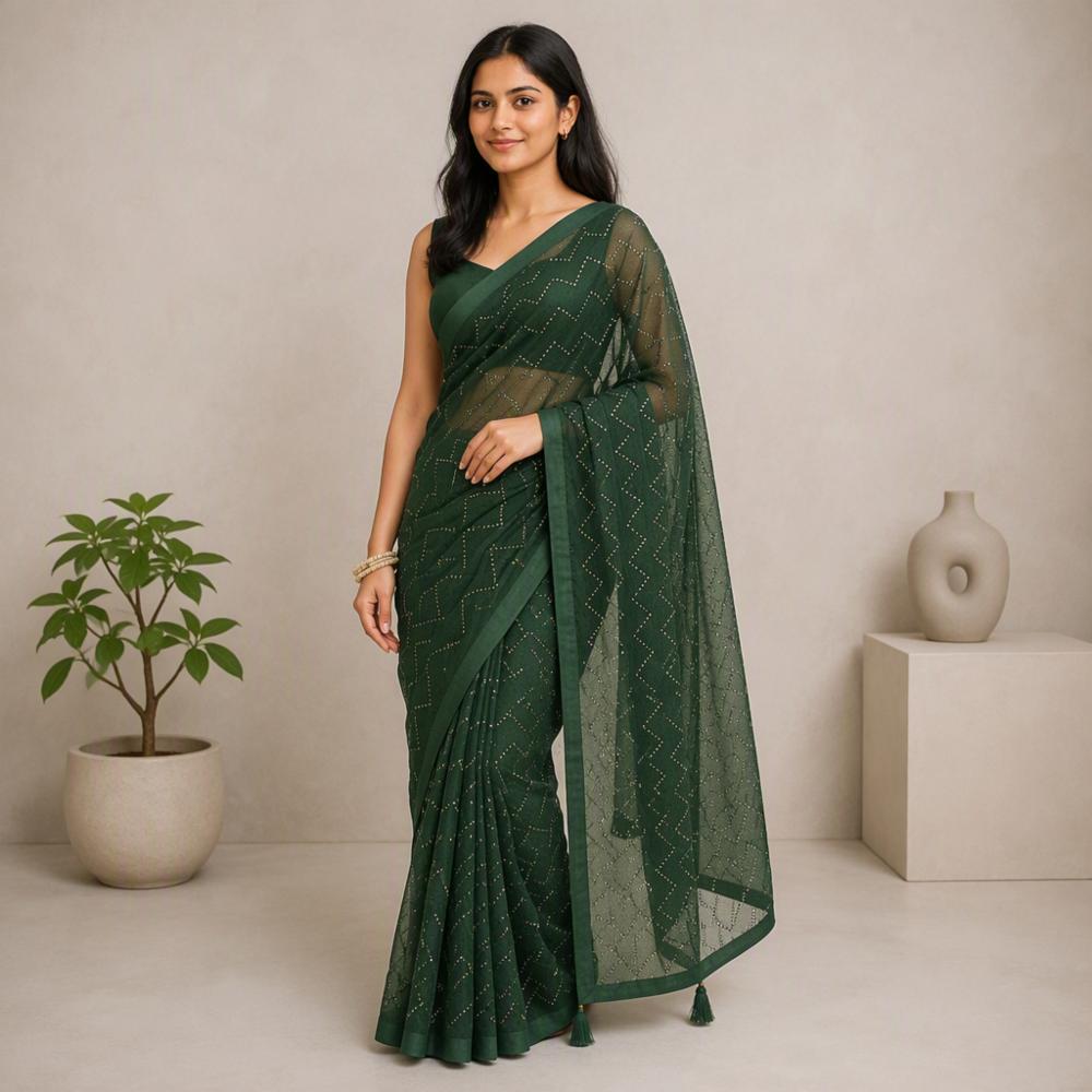 Dark Green Designer Georgette Saree with Zig-Zag Stone Work
