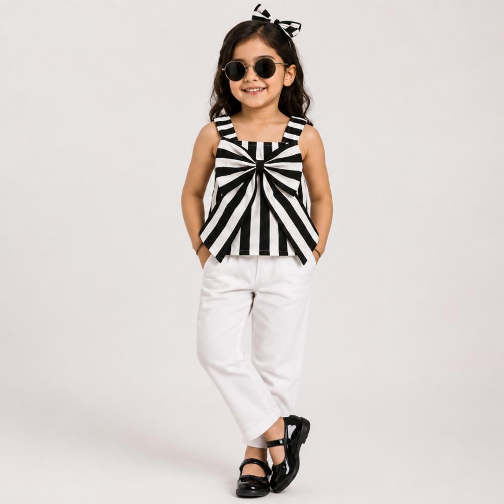 Girls Black & White Striped Sleeveless Top with White Pants Set
