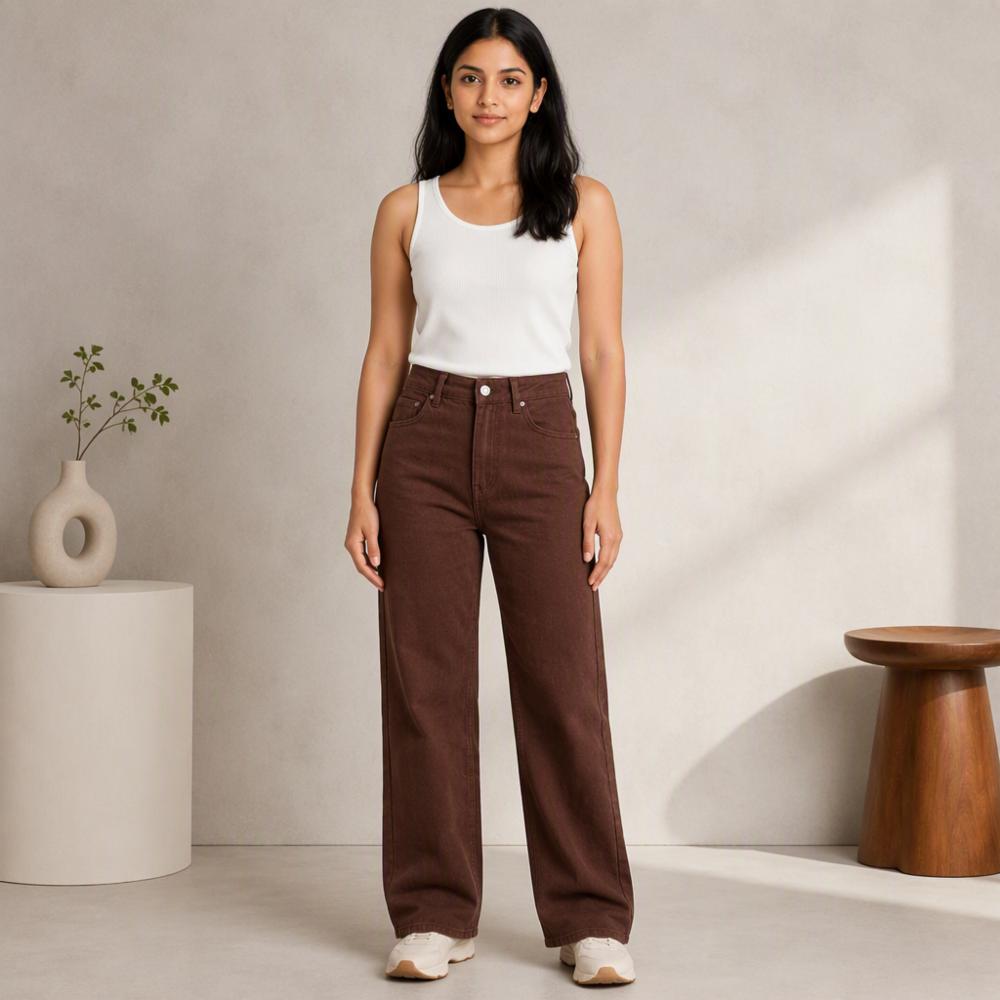 Womenâs High-Rise Brown Cotton Denim Jeans