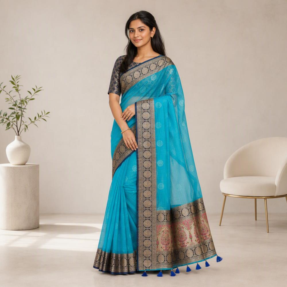 Elegant Teal Blue Soft Organza Saree with Rich Zari Border