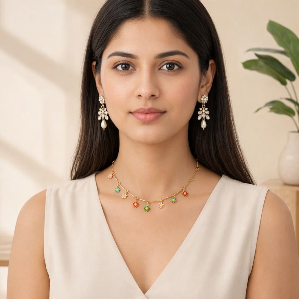 Gold Plated Multicolored Daisy Flower Charm Choker Necklace
