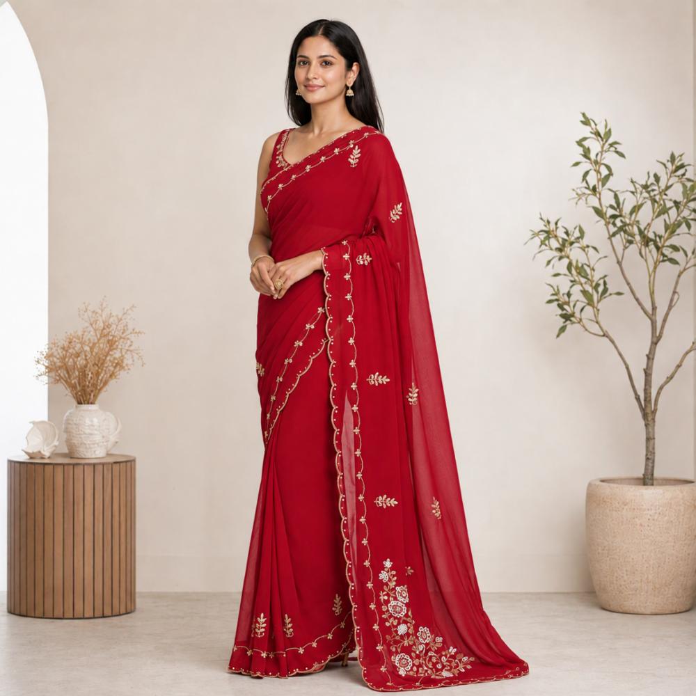Soft Pure Georgette Handwork Saree with Mirror Butta Work and Georgette Handwork Blouse