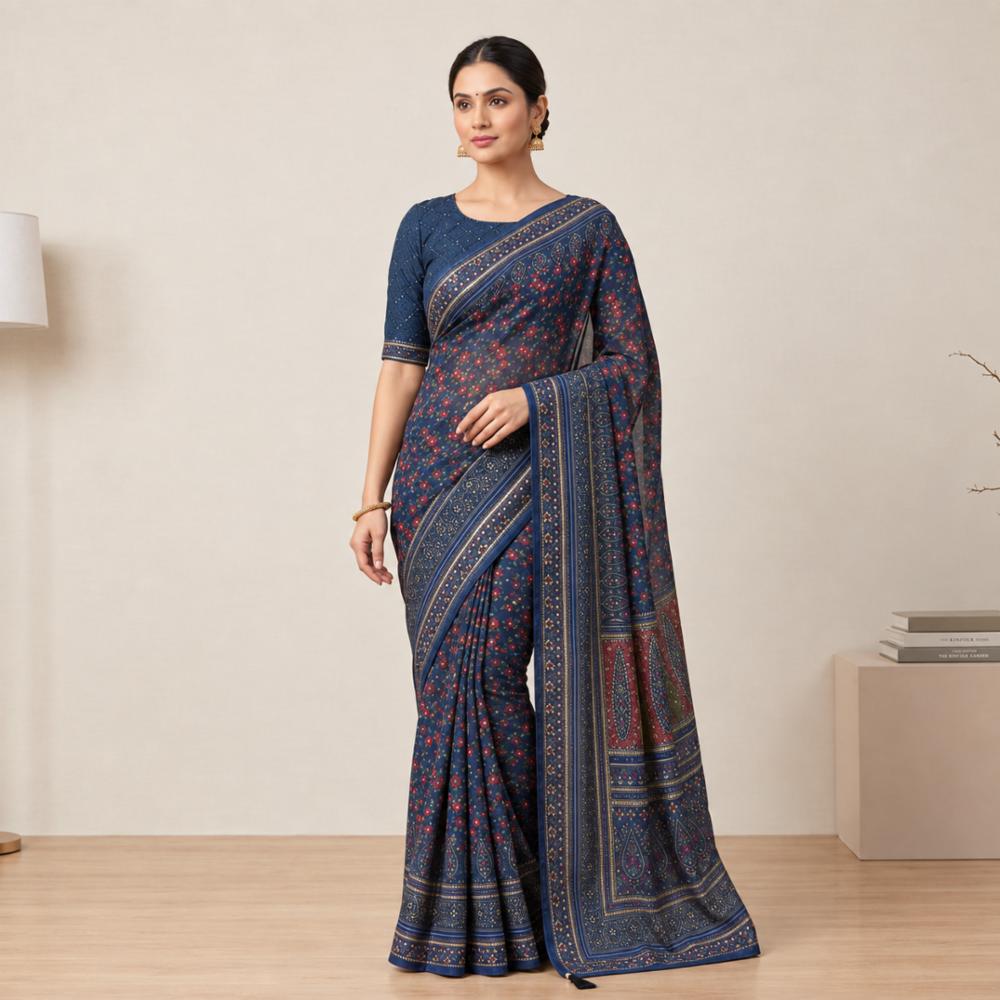 Pure Georgette Printed Saree with Sequins and Diamonds Work!