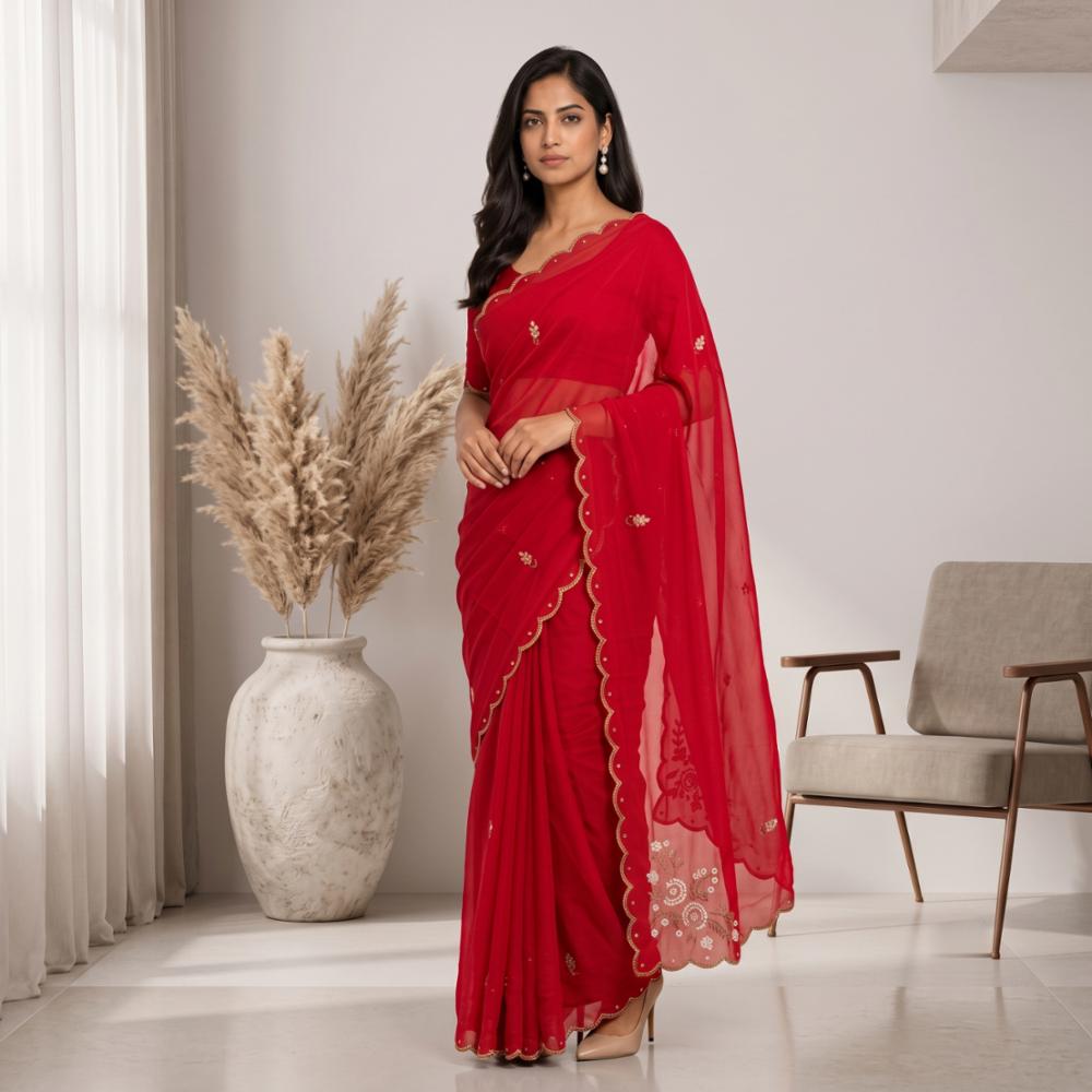 Pure Georgette Handwork Saree with Mirror Work and Handwork Blouse