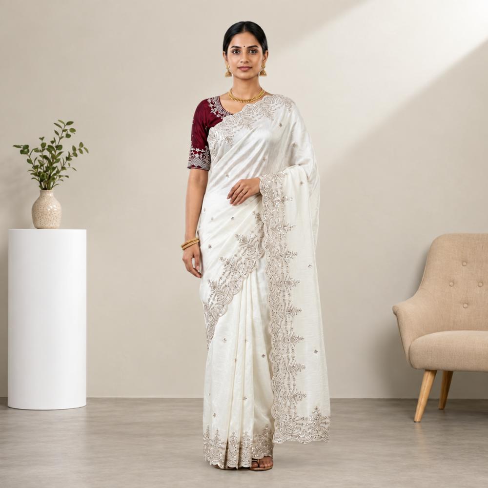 Fendy Satin Silk Saree with Multi Embroidery Work and Designer Blouse