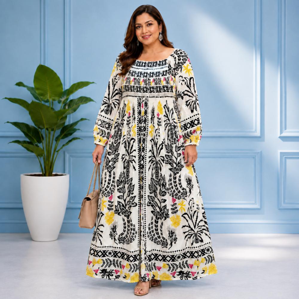 Stretchable Long Rayon Printed Dress for Women