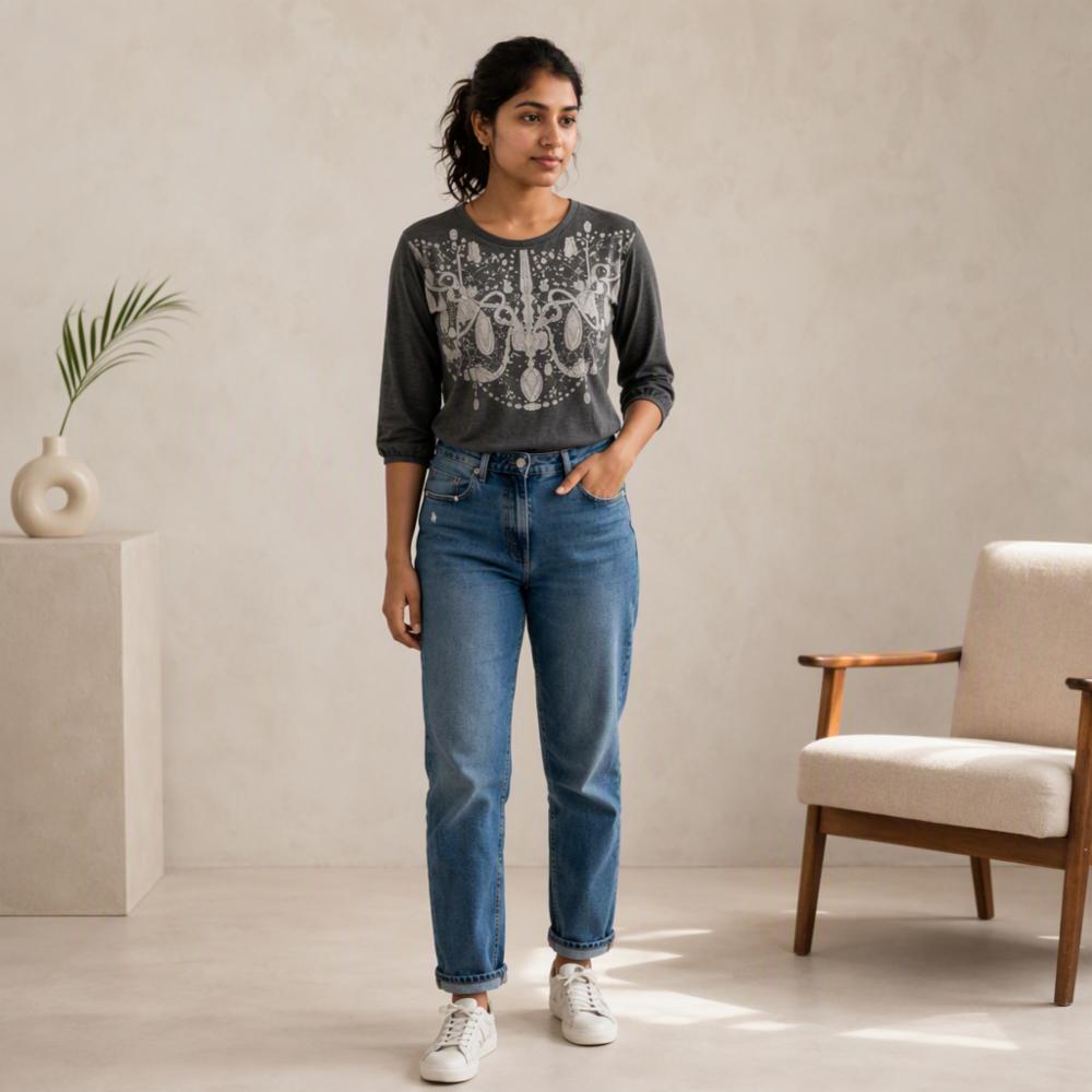 Dark Grey Decorative Cotton Blend T-Shirt with 3/4 Sleeves