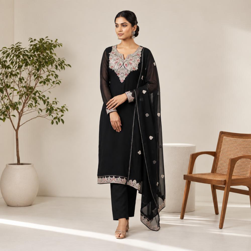 Kashmiri Tilla Work Unstitched Rayon Cotton Suit with Chiffon Dupatta