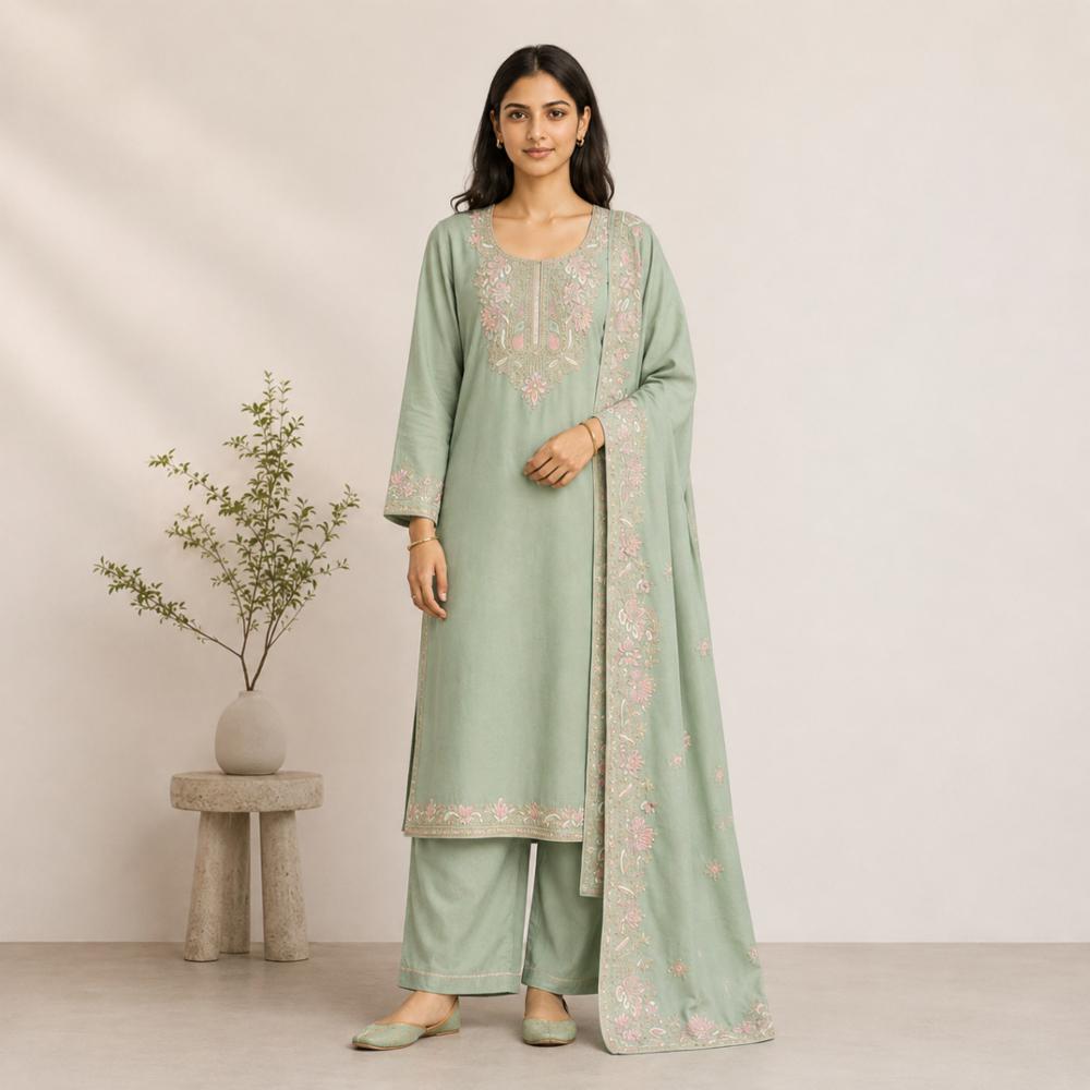 Kashmiri Tilla Work Unstitched Rayon Cotton Suit with Chiffon Dupatta, Wine & Mint Green