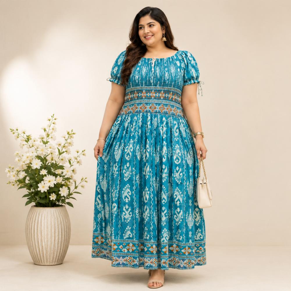 Long Flair Cotton Dress for Women Half Sleeves
