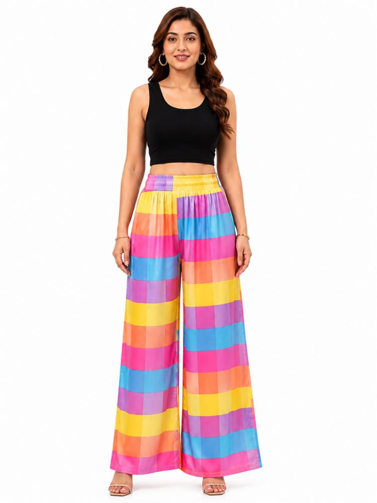 Trendy Multi-Color Checked Mid-Rise Rayon Palazzo for Women