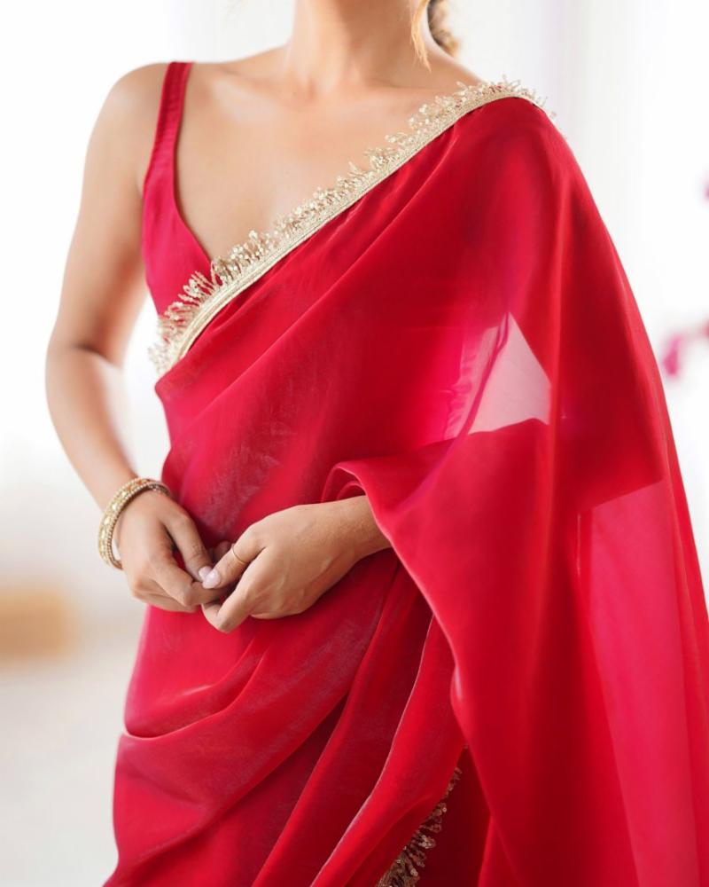  Women    Plain Red Saree